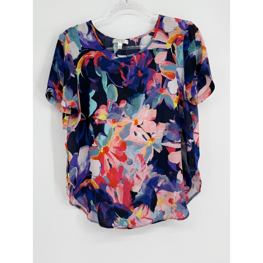 Spense Womens Multicolor Floral Watercolor Scoop Neck Short Sleeve Blouse Sz M